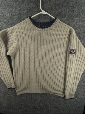 Fred Perry Crew Neck Mens Pullover Beige Sweater Medium All Wool Logo Solid Knit